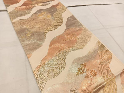 平和屋着物◎六通柄袋帯 流水花文 金糸 正絹 逸品 BAAW6783mz