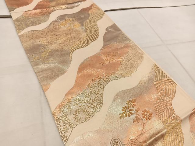 平和屋着物◎六通柄袋帯 流水花文 金糸 正絹 逸品 BAAW6783mz