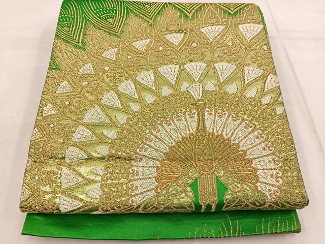 平和屋着物◎全通柄袋帯 孔雀 金糸 正絹 逸品 BAAW6785mz