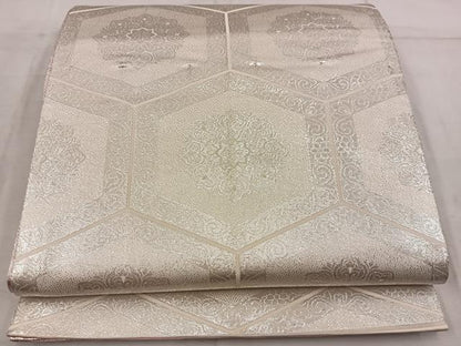 平和屋着物◎両面 全通柄袋帯 亀甲花文 銀糸 正絹 逸品 BAAW6794mz