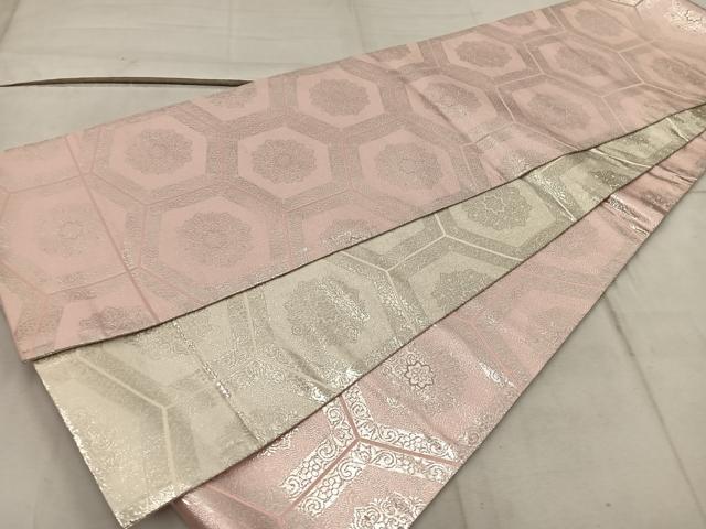 平和屋着物◎両面 全通柄袋帯 亀甲花文 銀糸 正絹 逸品 BAAW6794mz