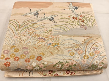 平和屋着物◎六通柄袋帯　唐織　飛鶴花文　金糸　正絹　逸品　BAAW6795mz