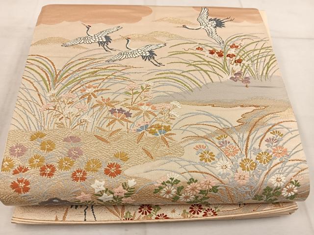 平和屋着物◎六通柄袋帯　唐織　飛鶴花文　金糸　正絹　逸品　BAAW6795mz