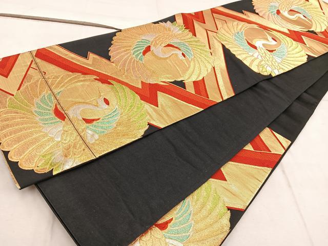 平和屋着物◎六通柄袋帯　飛鶴文　黒地　金銀糸　正絹　逸品　BAAW6799mz
