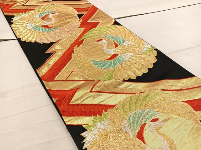 平和屋着物◎六通柄袋帯　飛鶴文　黒地　金銀糸　正絹　逸品　BAAW6799mz
