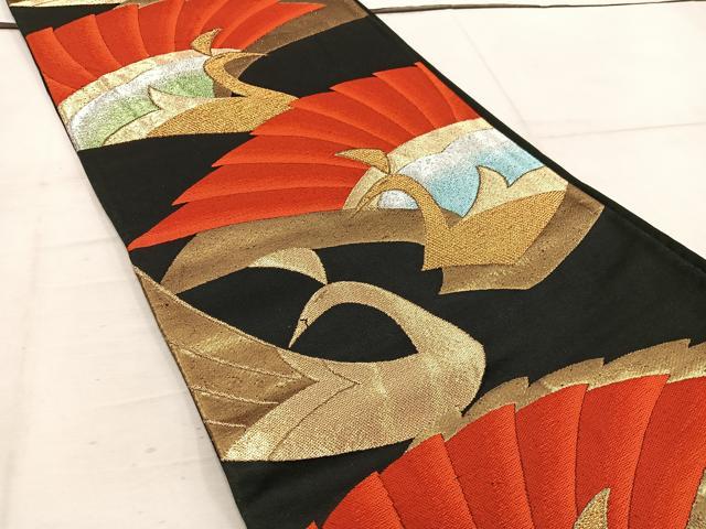 平和屋着物◎六通柄袋帯 孔雀 黒地 金銀糸 正絹 逸品 BAAW6808mz