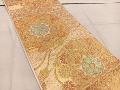 平和屋着物◎六通柄袋帯 鏡裏花文 金糸 正絹 逸品 BAAW6818mz