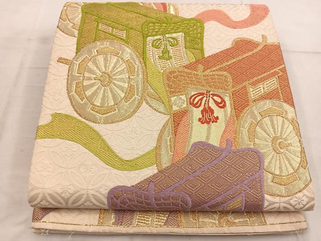 平和屋着物◎六通柄袋帯　唐織　御所車七宝文　金糸　正絹　逸品　BAAW6822mz