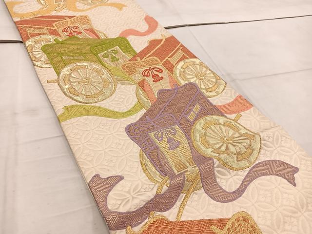 平和屋着物◎六通柄袋帯　唐織　御所車七宝文　金糸　正絹　逸品　BAAW6822mz