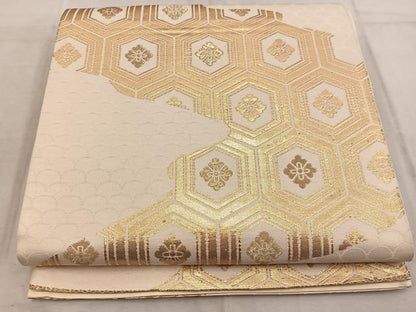 平和屋着物◎六通柄袋帯　亀甲花文　金糸　正絹　逸品　BAAW6826mz