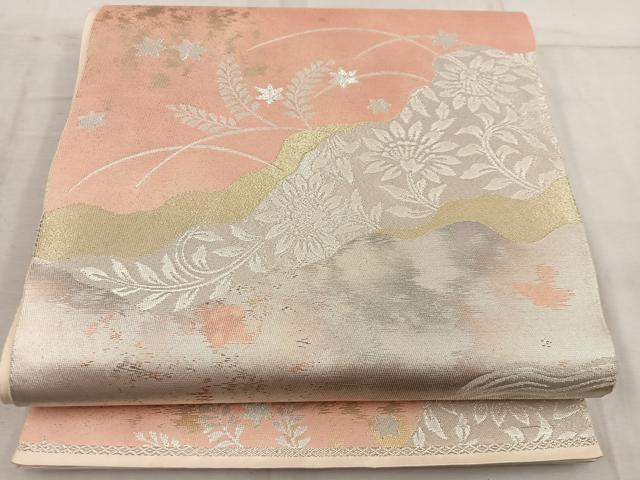 平和屋着物◎六通柄袋帯　芝草花文　銀糸　正絹　逸品　BAAW6836mz