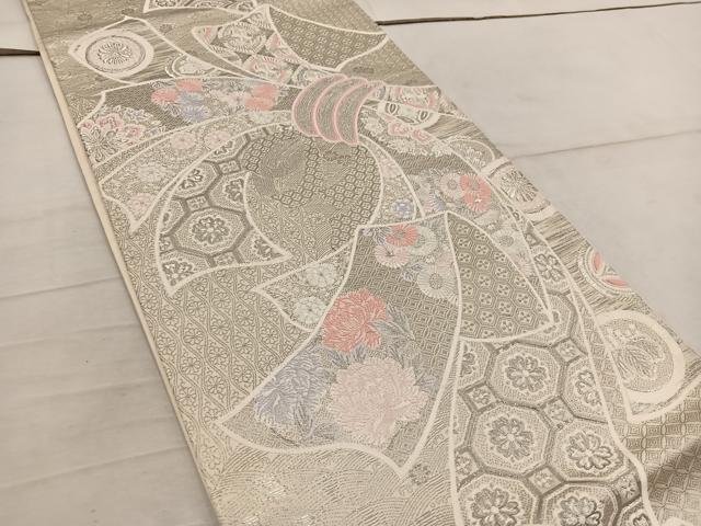 平和屋着物◎六通柄袋帯　草花熨斗目文様　プラチナ箔　正絹　逸品　BAAW6837mz