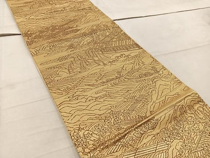 平和屋着物◎六通柄袋帯　風景文　金糸　正絹　逸品　BAAW6845mz