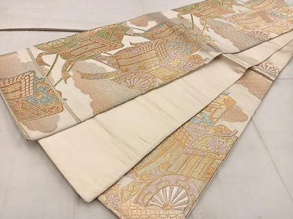 平和屋着物◎六通柄袋帯　御所車花文　金糸　正絹　逸品　BAAW6849mz