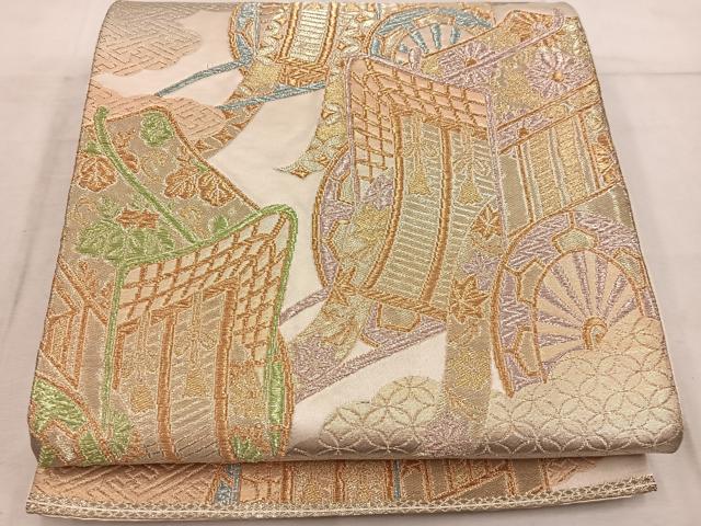 平和屋着物◎六通柄袋帯　御所車花文　金糸　正絹　逸品　BAAW6849mz