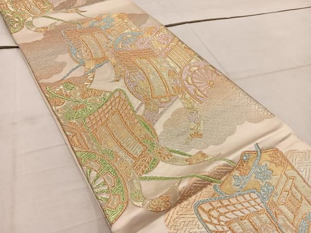 平和屋着物◎六通柄袋帯　御所車花文　金糸　正絹　逸品　BAAW6849mz