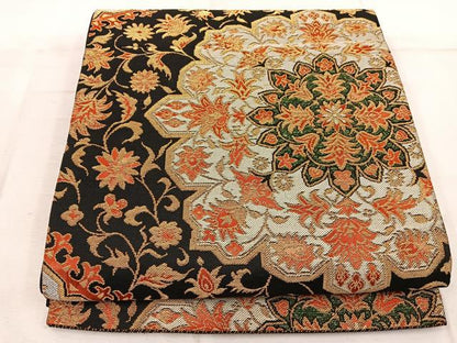平和屋着物◎全通柄袋帯　更紗花文　黒地　金糸　正絹　逸品　BAAW6851mz