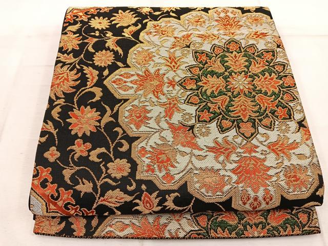 平和屋着物◎全通柄袋帯　更紗花文　黒地　金糸　正絹　逸品　BAAW6851mz