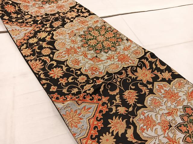 平和屋着物◎全通柄袋帯　更紗花文　黒地　金糸　正絹　逸品　BAAW6851mz