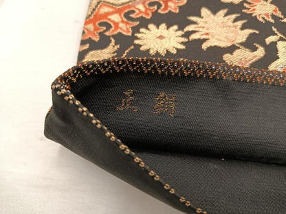 平和屋着物◎全通柄袋帯　更紗花文　黒地　金糸　正絹　逸品　BAAW6851mz