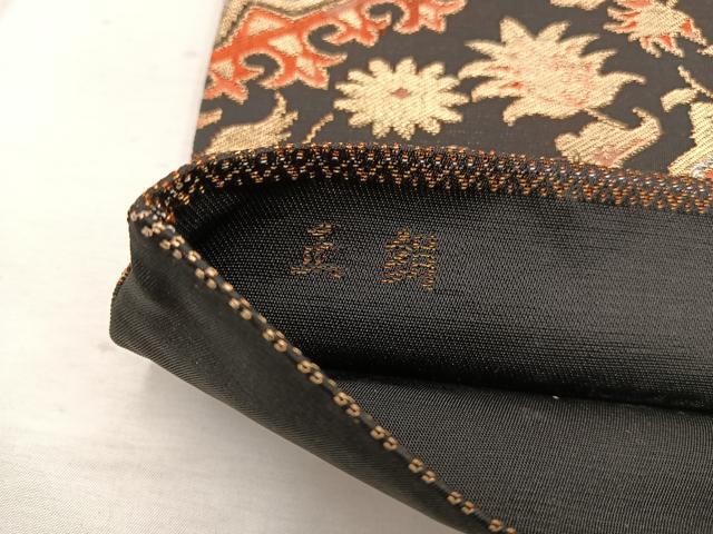 平和屋着物◎全通柄袋帯　更紗花文　黒地　金糸　正絹　逸品　BAAW6851mz