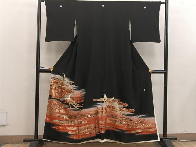 平和屋着物■五代 歌舞伎役者 坂東八十助 黒留袖 刺繍 鳳凰花文 暈し染め 金銀彩 正絹 逸品 BAAW6858mz