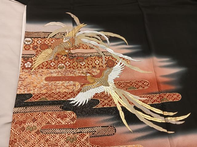 平和屋着物■五代 歌舞伎役者 坂東八十助 黒留袖 刺繍 鳳凰花文 暈し染め 金銀彩 正絹 逸品 BAAW6858mz