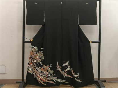 平和屋着物■豪華黒留袖 駒刺繍 飛鶴花文 金彩 正絹 逸品 BAAW6859mz