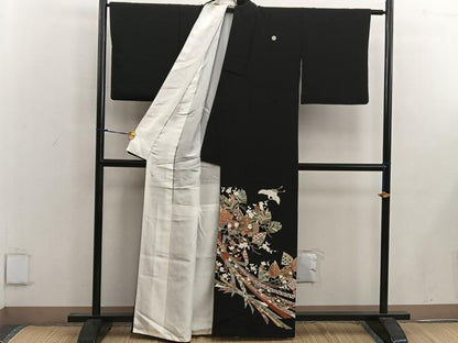 平和屋着物■豪華黒留袖 駒刺繍 飛鶴花文 金彩 正絹 逸品 BAAW6859mz