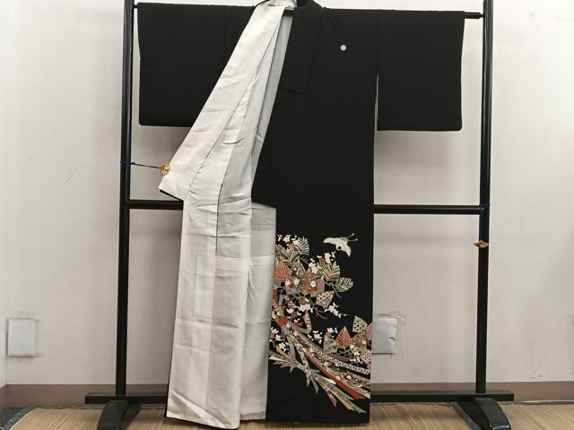 平和屋着物■豪華黒留袖 駒刺繍 飛鶴花文 金彩 正絹 逸品 BAAW6859mz