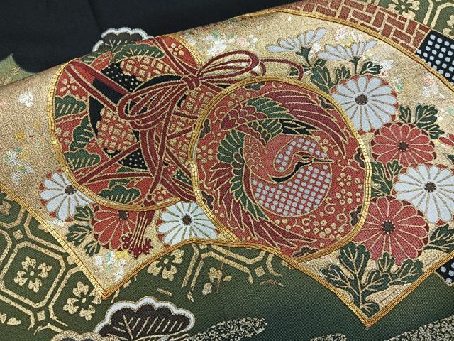 平和屋着物■豪華黒留袖　駒刺繍　地紙重ね鼓飛鶴花文　金彩　正絹　逸品　BAAW6861mz
