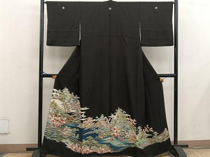 平和屋着物■豪華黒留袖　友禅　風景花文　伊勢丹扱い　正絹　逸品　BAAW6946mz