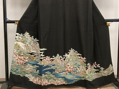 平和屋着物■豪華黒留袖　友禅　風景花文　伊勢丹扱い　正絹　逸品　BAAW6946mz