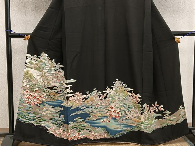 平和屋着物■豪華黒留袖　友禅　風景花文　伊勢丹扱い　正絹　逸品　BAAW6946mz