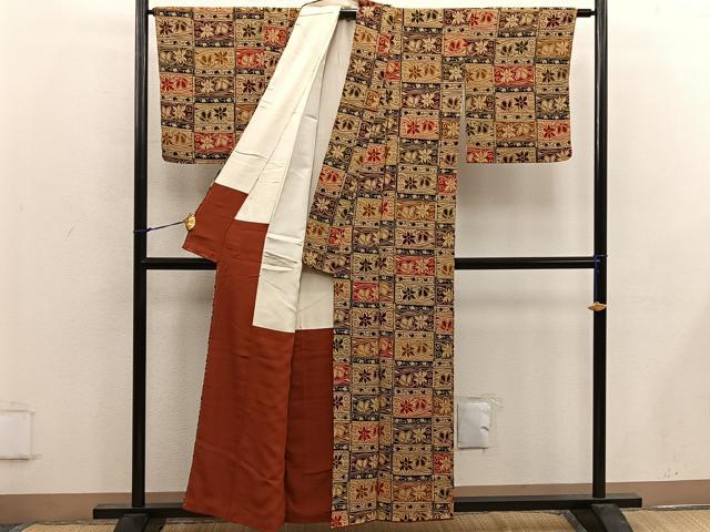 平和屋着物■上質な小紋 型染め 横段花文 鬼しぼ縮緬 正絹 逸品 BAAW6987mz
