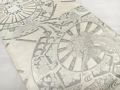 平和屋着物◎六通柄袋帯　九百緞子　プラチナ箔　源氏車花鳥文　正絹　逸品　BAAW7007qw