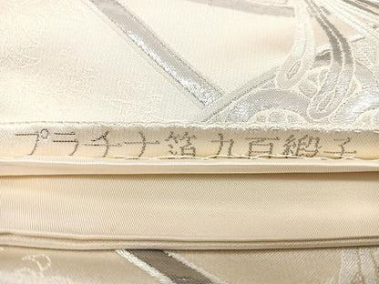 平和屋着物◎六通柄袋帯　九百緞子　プラチナ箔　源氏車花鳥文　正絹　逸品　BAAW7007qw