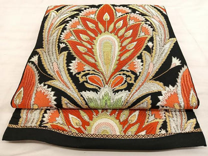 平和屋着物◎六通柄　本袋帯　更紗花唐草文　黒地　金銀糸　正絹　逸品　BAAW7008qw