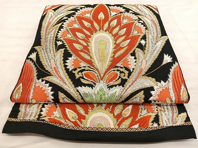 平和屋着物◎六通柄　本袋帯　更紗花唐草文　黒地　金銀糸　正絹　逸品　BAAW7008qw