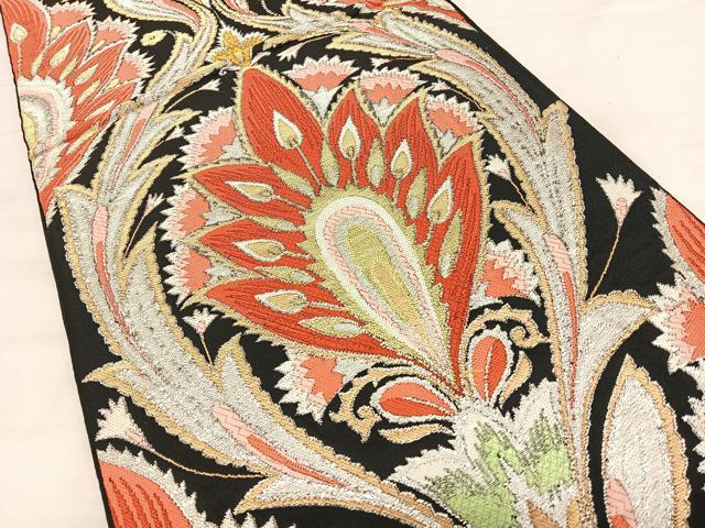 平和屋着物◎六通柄　本袋帯　更紗花唐草文　黒地　金銀糸　正絹　逸品　BAAW7008qw