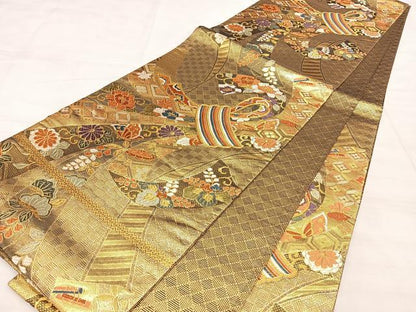 平和屋着物◎佐賀錦　六通柄袋帯　束ね熨斗　金糸　正絹　逸品　BAAW7016qw
