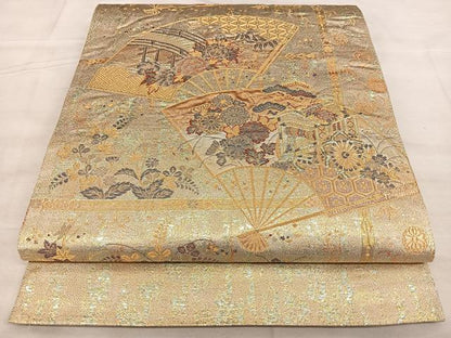 平和屋着物◎西陣　六通柄袋帯　唐織　扇面吉祥文　金銀糸　正絹　逸品　BAAW7021qw