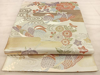 平和屋着物◎佐賀錦 六通柄袋帯 鴛鴦草花文 金銀糸 正絹 逸品 BAAW7023qw