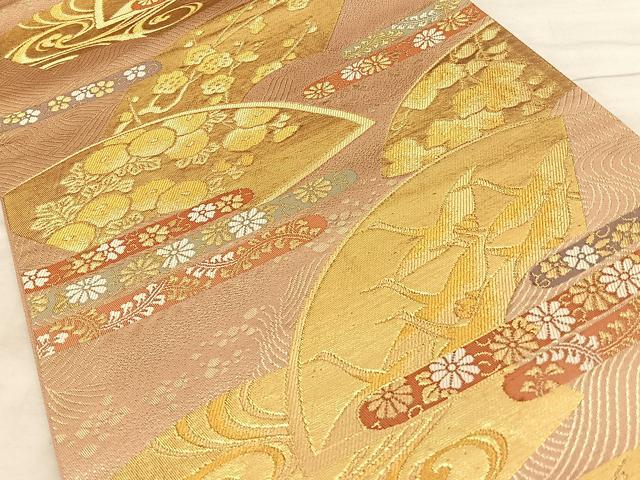 平和屋着物◎六通柄袋帯　唐織　地紙重ね花鳥文　金糸　正絹　逸品　BAAW7026qw