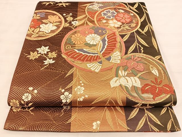 平和屋着物◎六通柄袋帯 唐織 花蝶丸文 金糸 正絹 逸品 BAAW7030qw