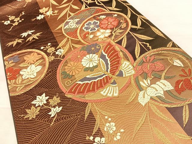 平和屋着物◎六通柄袋帯 唐織 花蝶丸文 金糸 正絹 逸品 BAAW7030qw