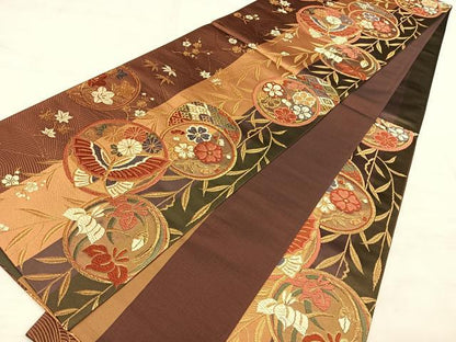 平和屋着物◎六通柄袋帯 唐織 花蝶丸文 金糸 正絹 逸品 BAAW7030qw