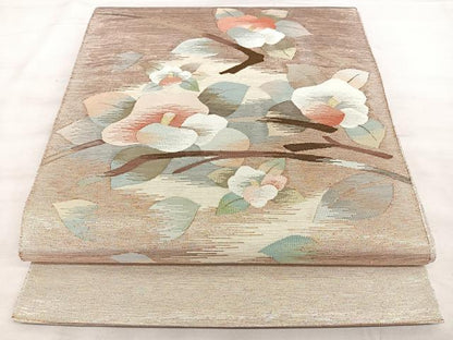 平和屋着物●太鼓柄袋帯　すくい織　枝椿　金糸　正絹　逸品　BAAW7041qw