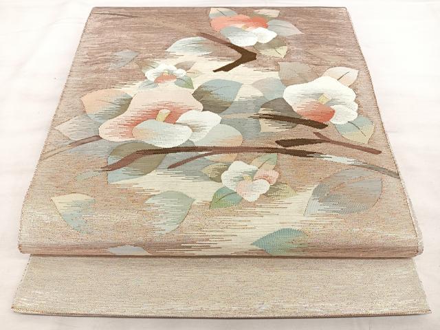 平和屋着物●太鼓柄袋帯　すくい織　枝椿　金糸　正絹　逸品　BAAW7041qw