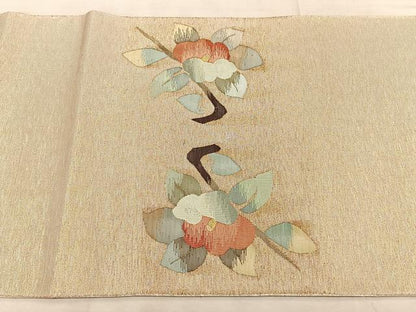 平和屋着物●太鼓柄袋帯　すくい織　枝椿　金糸　正絹　逸品　BAAW7041qw